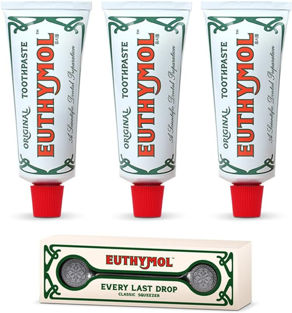 Euthymol Original Toothpaste 75ml x 6 + Squeezer, No Fluoride, Anti-Plaque, Antibacterial, Cavity Protection, Teeth & Gums Clean and Healthy, Cool Mint Refresh, Daily Oral Enamel Dental Care