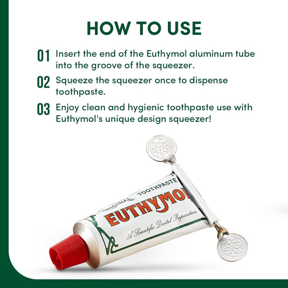 Euthymol Original Toothpaste 75ml x 6 + Squeezer, No Fluoride, Anti-Plaque, Antibacterial, Cavity Protection, Teeth & Gums Clean and Healthy, Cool Mint Refresh, Daily Oral Enamel Dental Care