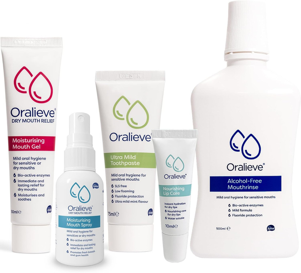 Oralieve Dry Mouth Relief Starter Kit (Includes Moisturising Dry Mouth Gel 50ml, Moisturising Spray 50ml, Ultra Mild Toothpaste 75ml, Alcohol-Free Mouthwash 500ml & Nourishing Lip Care 10ml)