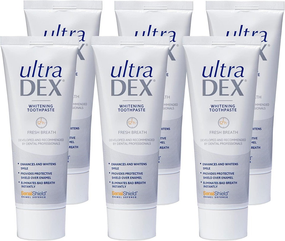 UltraDEX Whitening Toothpaste + Enamel Defense, Clinically Proven 12hr Bad Breath Treatment, For Sensitive Teeth, with Fluoride, Mint 6 X 75 ml