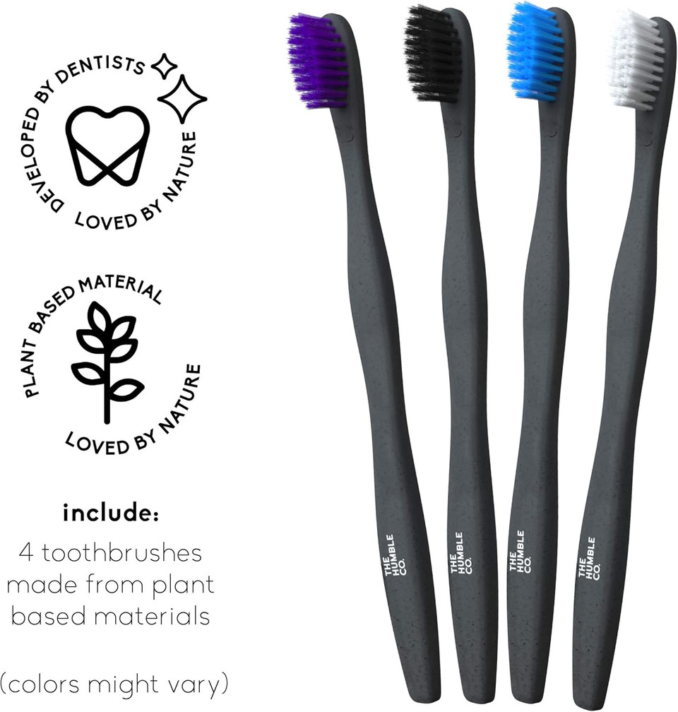 THE HUMBLE CO. - Adult Black Toothbrush - Sensitive Bristles - Developed by Dentists - Plant-Based Materials - 100% Recyclable for Eco-Friendly Oral Care - 1 Pack with 2 Toothbrushes