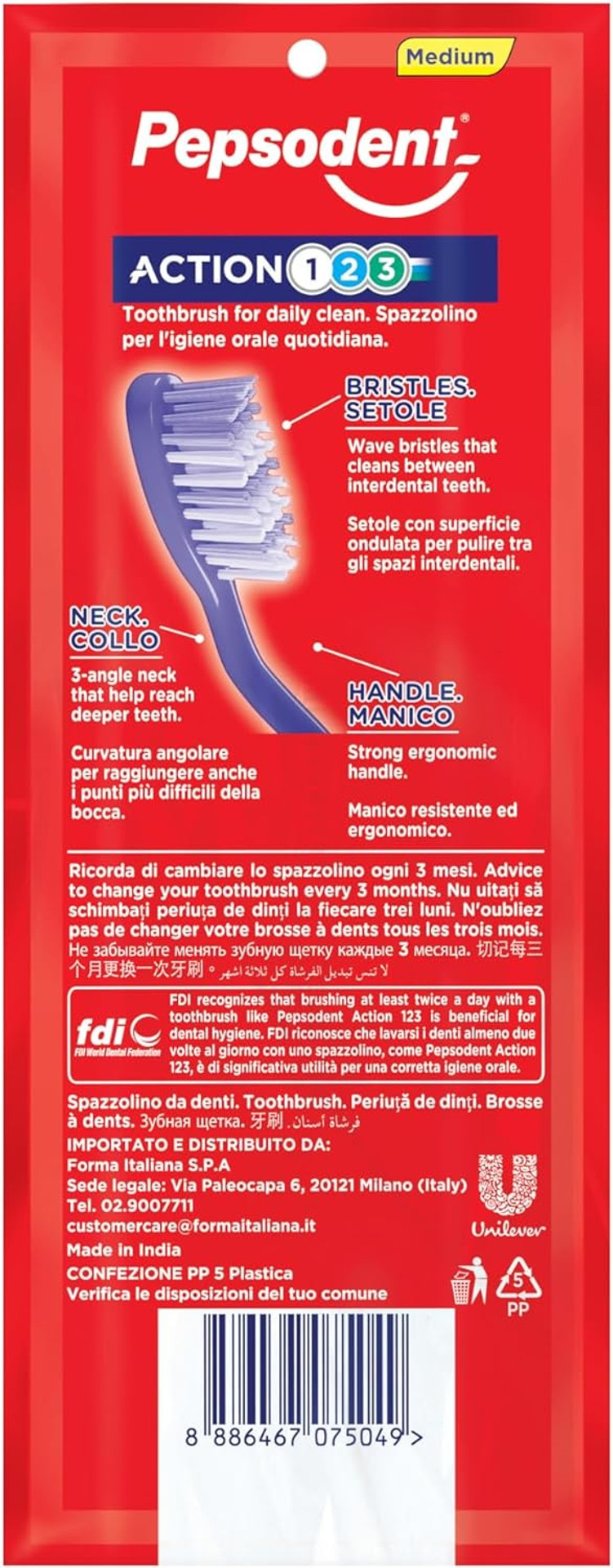 Pepsodent Toothbrush Triple Clean, 3Pcs Medium RED Yellow Pink