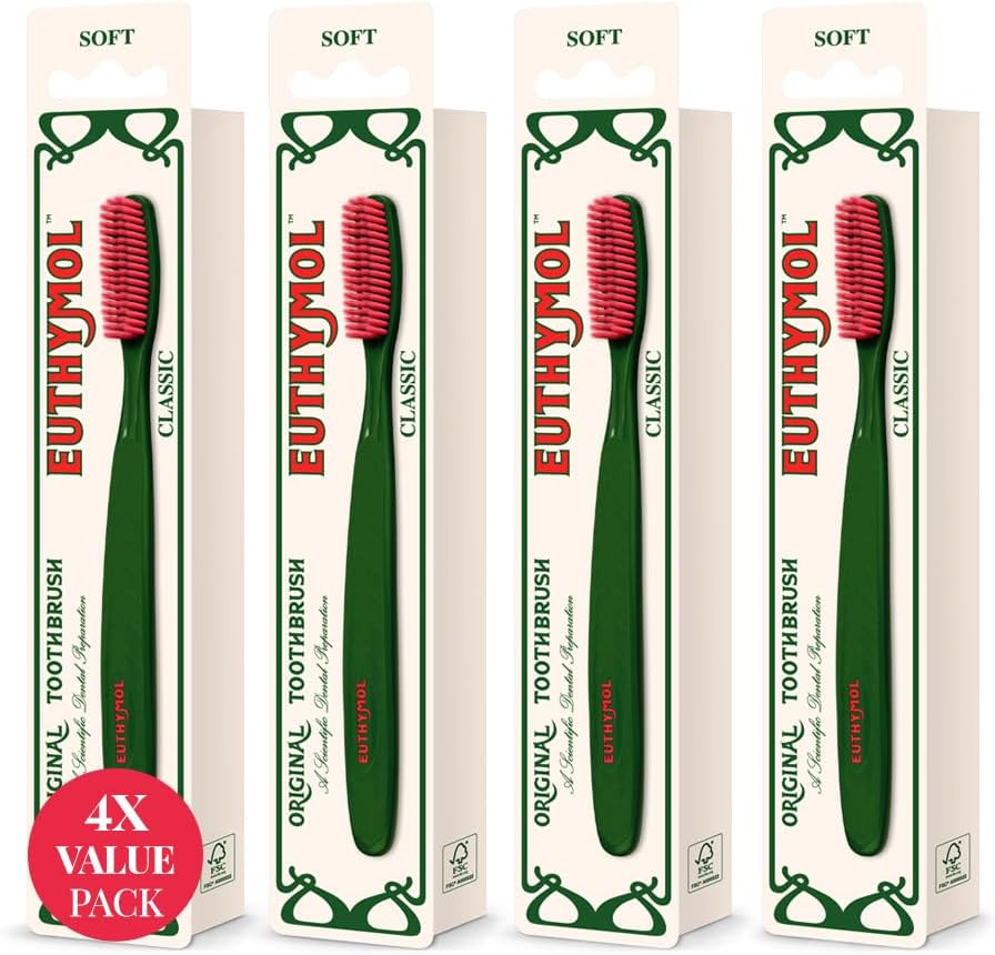 Euthymol Regular Toothbrush, Compact Small Full Head, Soft Bristle, Triple Curve Ergonomic Manual Toothbrushes, Deep Cleaning, Sensitive Gums Teeth, Daily Oral Enamel Dental Care