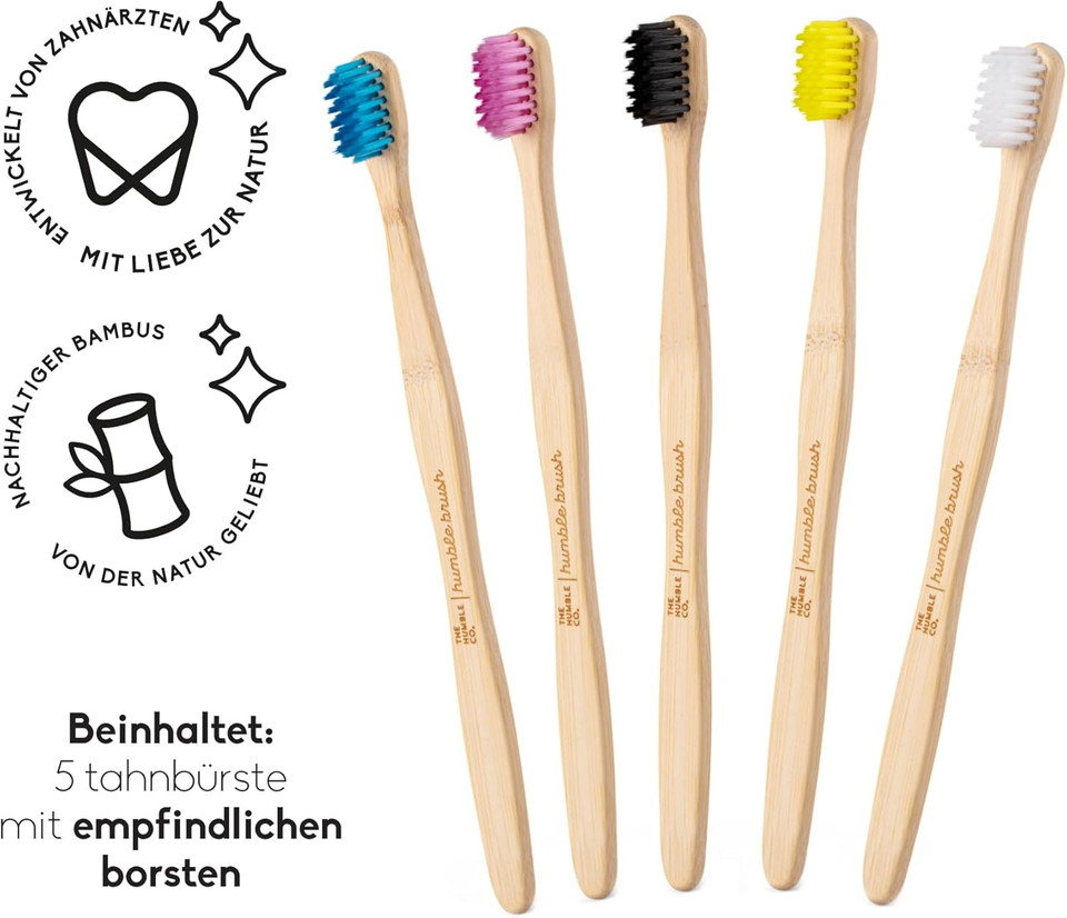 The Humble Co. Bamboo Toothbrush Family Pack (5-p) | Sensitive Bristles | Biodegradable, Eco-Friendly, Vegan for Your Everyday Oral Care, Dentist Approved