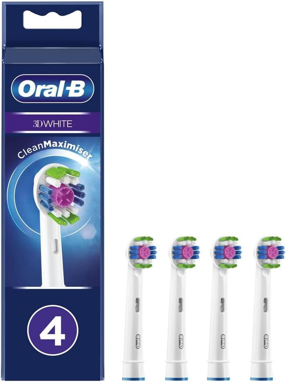 Oral-B 3D White Electric Toothbrush Head with CleanMaximiser Technology, Angled Bristles for Deeper Plaque Removal, Pack of 4, White Oral-B 3D White Electric Toothbrush Head with CleanMaximiser Technology, Angled Bristles for Deeper Plaque Removal, Pack of 4, White