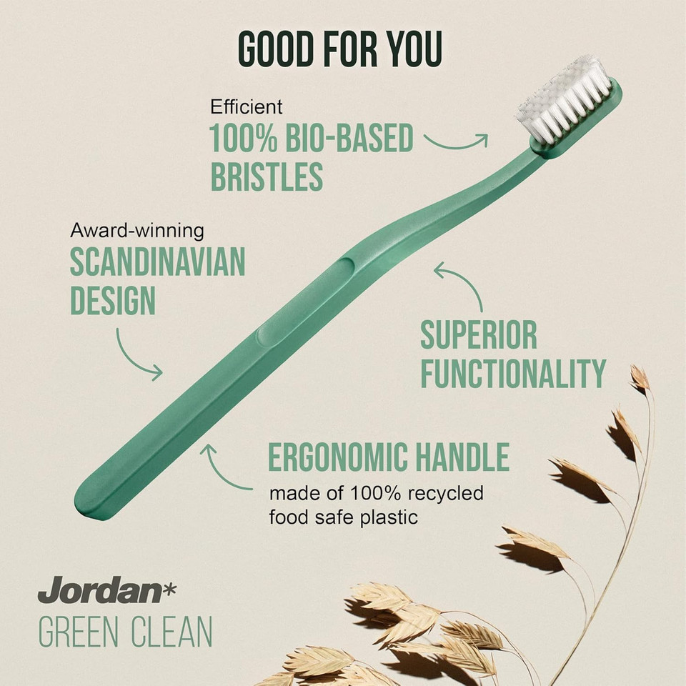 Jordan ® | Green Clean Manual Toothbrush | Award Winning Sustainable Toothbrush Made from Recycled Materials | Eco-Friendly | Scandinavian Design | Soft Bristles | Mixed Colour | Pack 4 Units