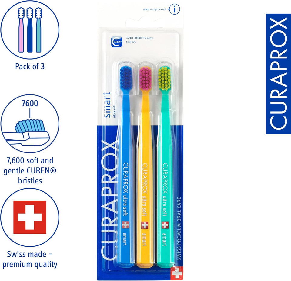 Curaprox Toothbrush CS Smart Trio Pack - 3 x Soft Small Head Toothbrush for Adults with 7600 CUREN® Filaments - Curaprox Manual Toothbrush