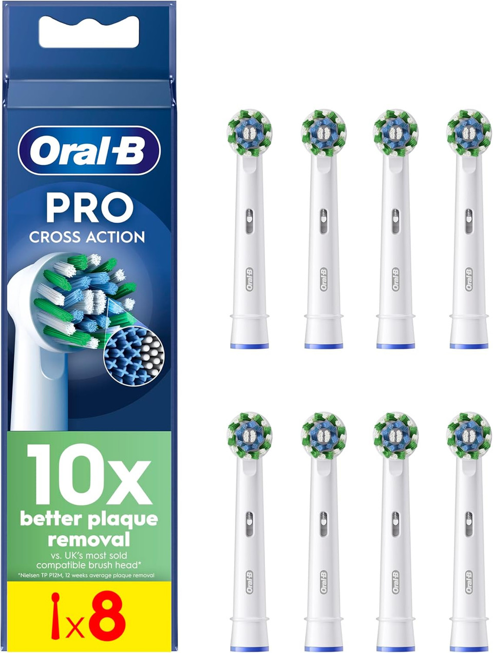 Oral-B Pro Cross Action Electric Toothbrush Head, Oral B Electric Toothbrush Heads, X-Shape and Angled Bristles for Deeper Plaque Removal, Pack of 8 Toothbrush Heads, Oral B Replacement Heads, White