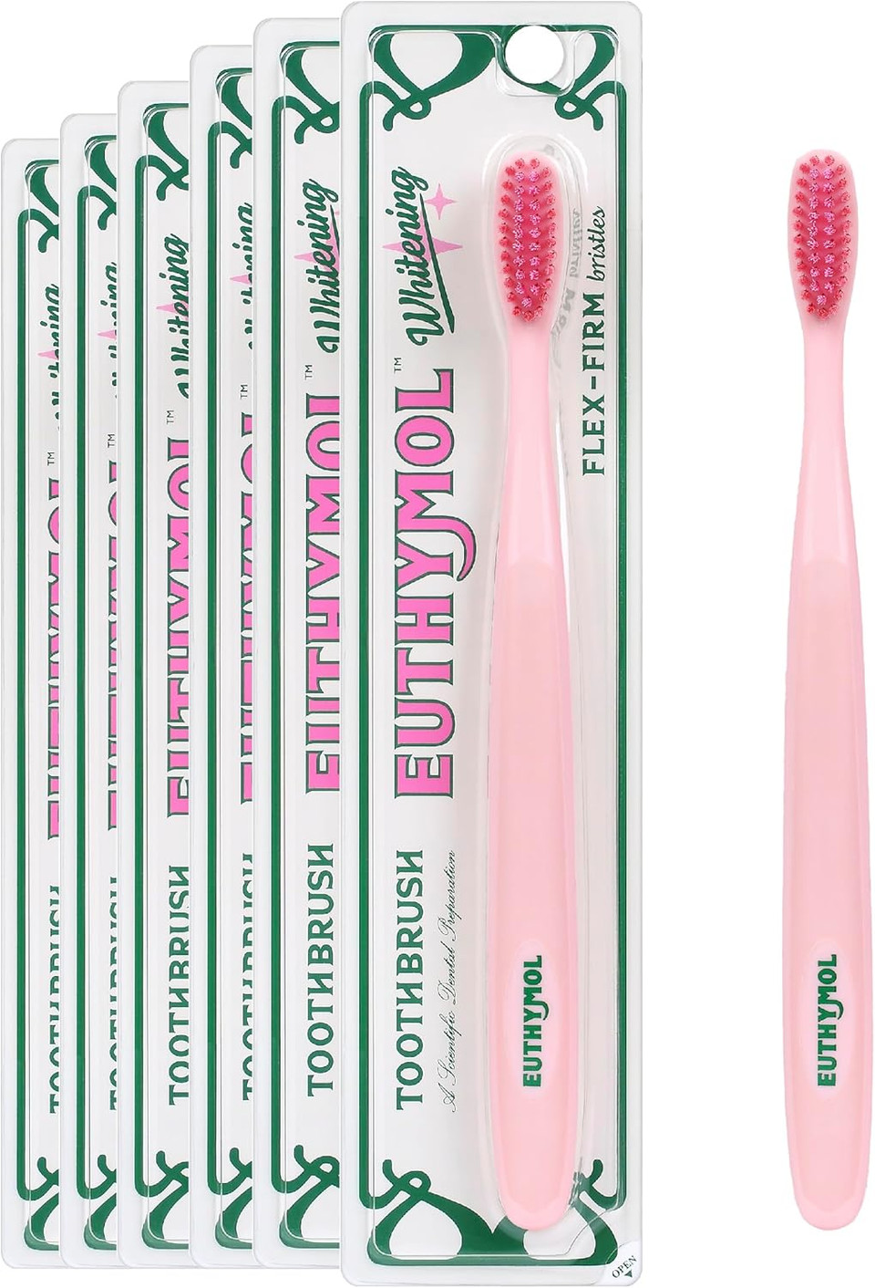 Euthymol Whitening Toothbrush (Pink, 6 Count) - Premium Soft Dual-Tension Bristles. Advanced Plaque Removal, Stain Reduction