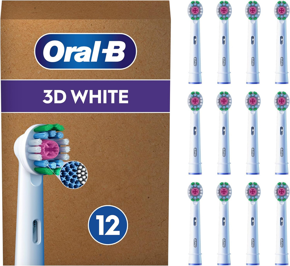 Oral-B 3D White Electric Toothbrush Head with CleanMaximiser Technology, Angled Bristles for Deeper Plaque Removal, Pack of 10 Toothbrush Heads, White