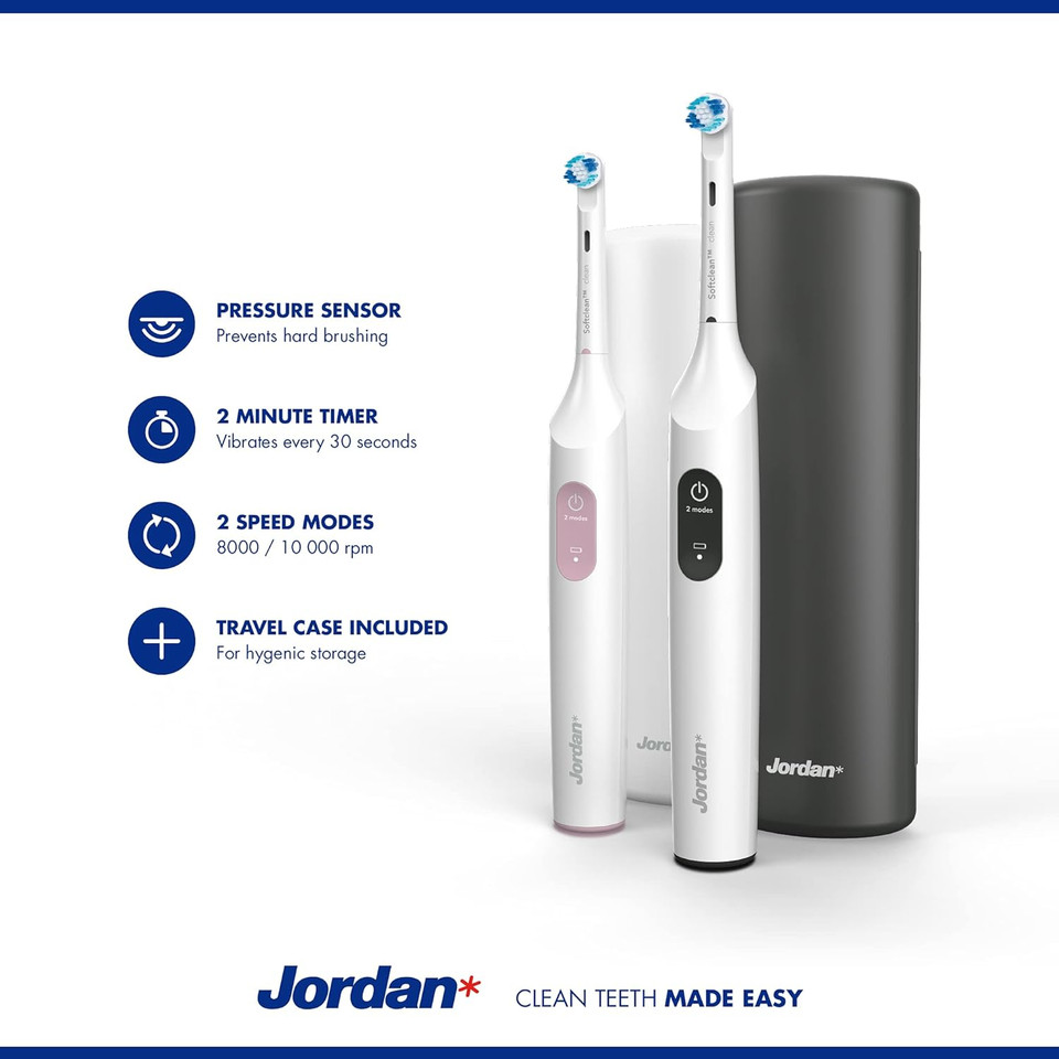 Jordan ® | Clean Smile Electric Toothbrush | Rechargeable Electric Toothbrush with Quick Charge, Long-Lasting Battery, Pressure Sensor, 2 Speed Modes | Includes Travel Case | Pink