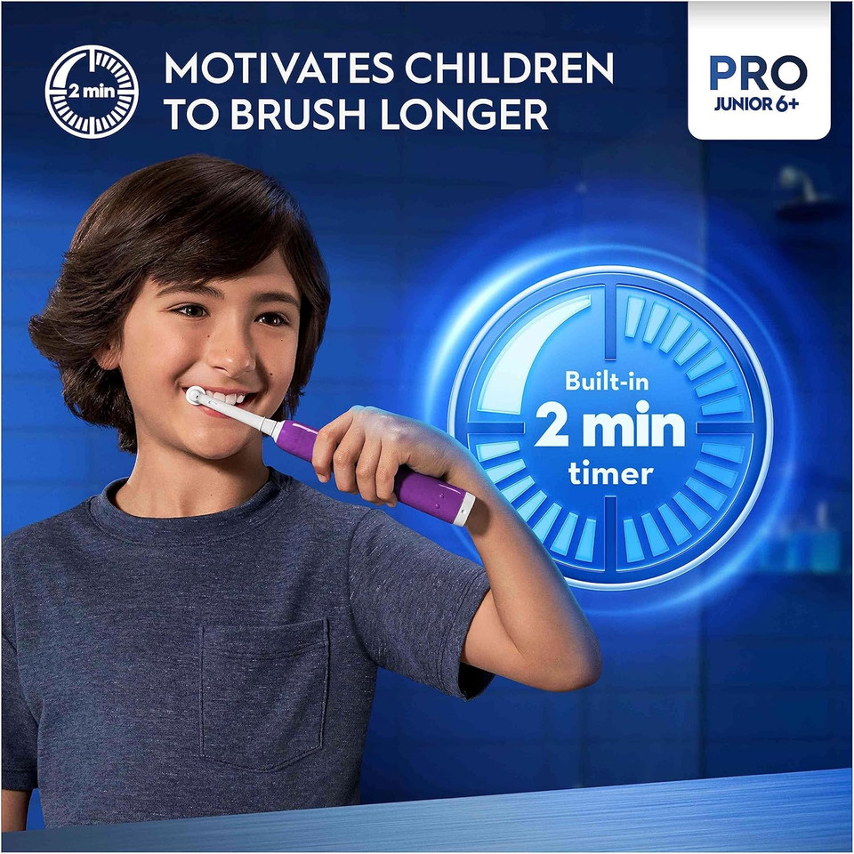 Oral-B Pro Junior Electric Toothbrush, 1 Purple Handle, 1 Toothbrush Head, Designed By Braun, For Ages 6+ Oral-B Pro Junior Electric Toothbrush, 1 Purple Handle, 1 Toothbrush Head, Designed By Braun, For Ages 6+