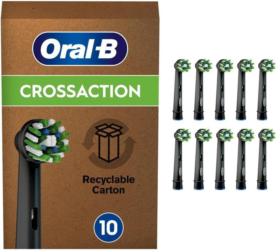 Oral-B Cross Action Electric Toothbrush Head with CleanMaximiser Technology, Angled Bristles for Deeper Plaque Removal, Pack of 10 Toothbrush Heads, Suitable for Mailbox, Black