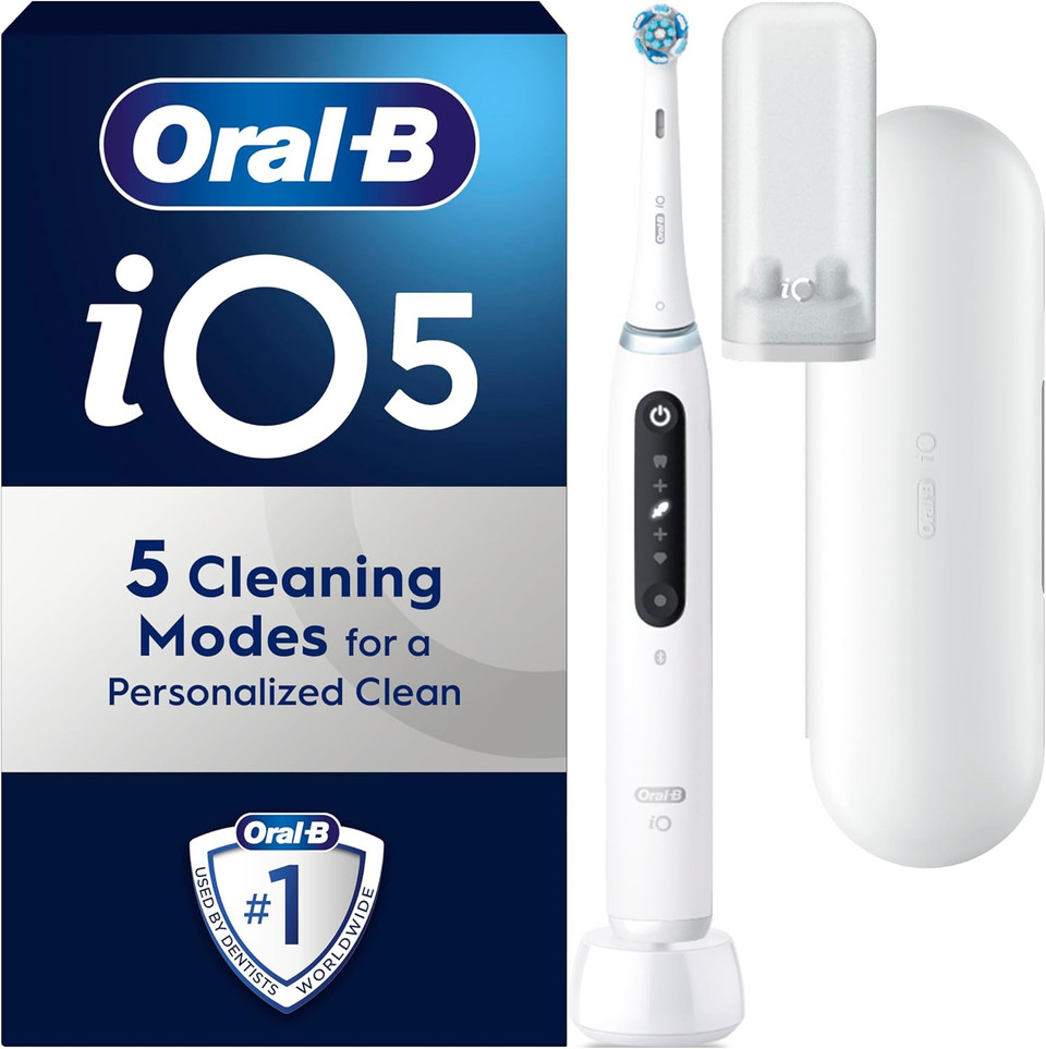 Oral-B iO 5 White Electric Toothbrush, 2 Toothbrush Heads, 1 Travel Case, Designed by Braun Oral-B iO 5 White Electric Toothbrush, 2 Toothbrush Heads, 1 Travel Case, Designed by Braun