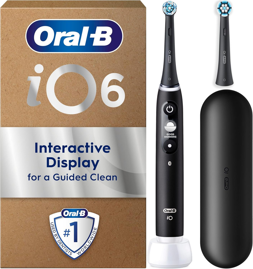 Oral-B iO 6 Black Electric Toothbrush, 2 Toothbrush Heads, 1 Travel Case, Designed by Braun
