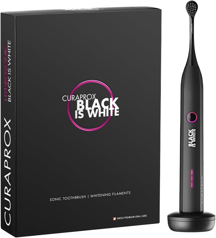 Curaprox Hydrosonic Black is White Sonic Toothbrush - Curaprox Electric Toothbrush for Adults with 7 Cleaning Levels with Carbon Filaments