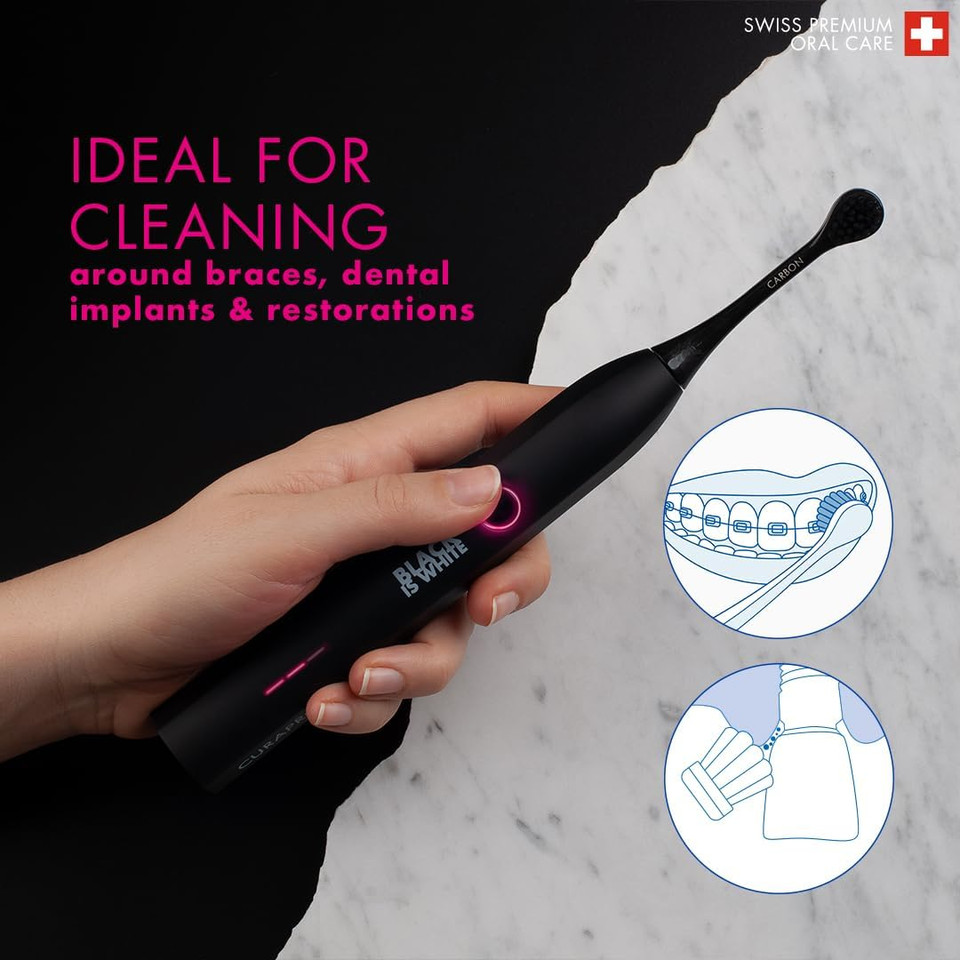 Curaprox Hydrosonic Black is White Sonic Toothbrush - Curaprox Electric Toothbrush for Adults with 7 Cleaning Levels with Carbon Filaments