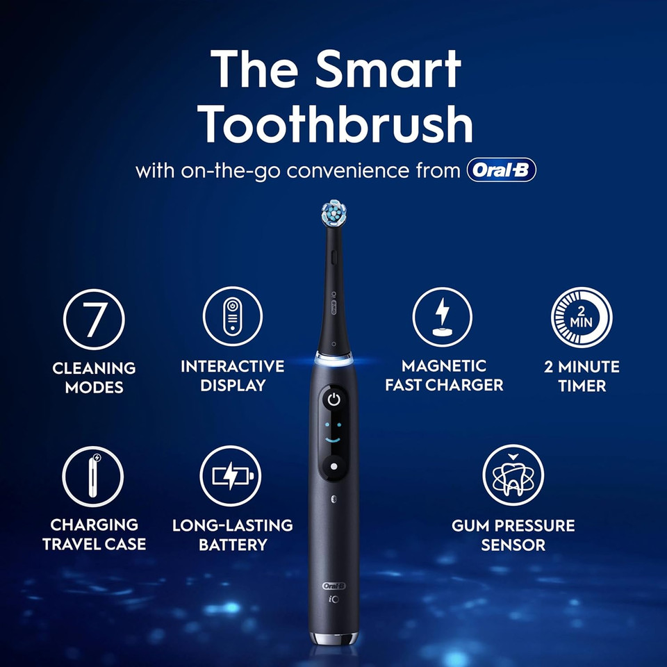 Oral-B iO9 Electric Toothbrushes For Adults, App Connected Handle, 1 Toothbrush Head & Charging Travel Case, 7 Modes with Teeth Whitening, 2 Pin UK Plug, Black