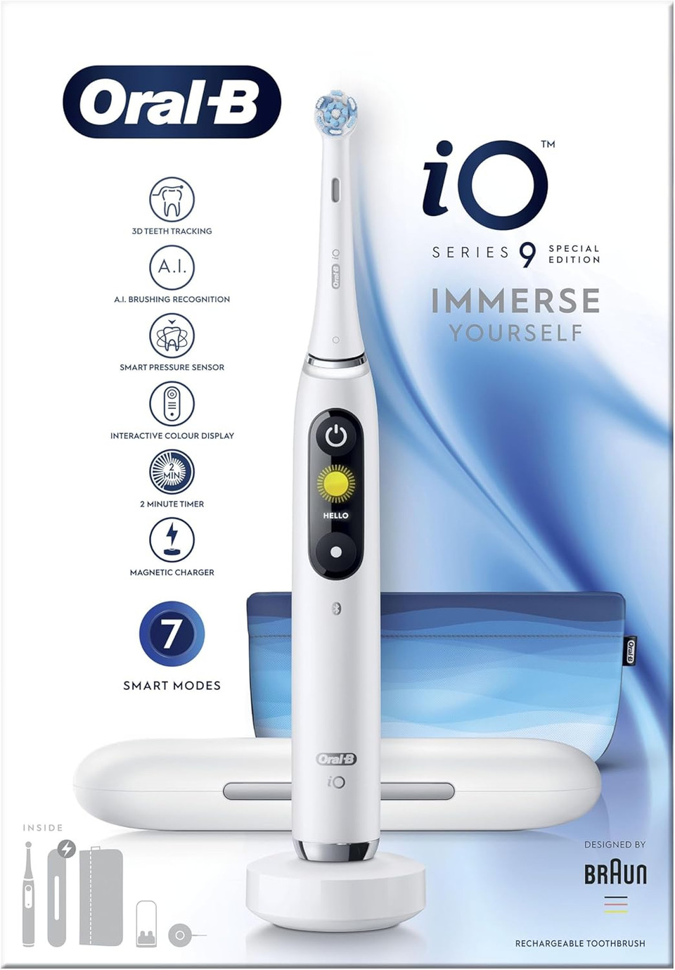 Oral-B iO9 Electric Toothbrushes For Adults, App Connected Handle, 1 Toothbrush Head, Charging Travel Case, 7 Modes, Teeth Whitening, 2 Pin UK Plug, Special Edition