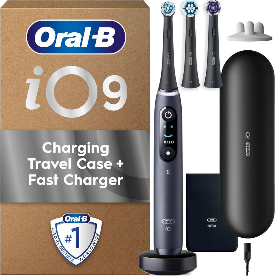 Oral B Electric Toothbrushes For Adults, Oral-B iO9, Gifts For Women / Men, App Connected Handle, 3 Toothbrush Heads, Charging Travel Case & Toothbrush Head Holder, 7 Modes, 2 Pin UK Plug, Black