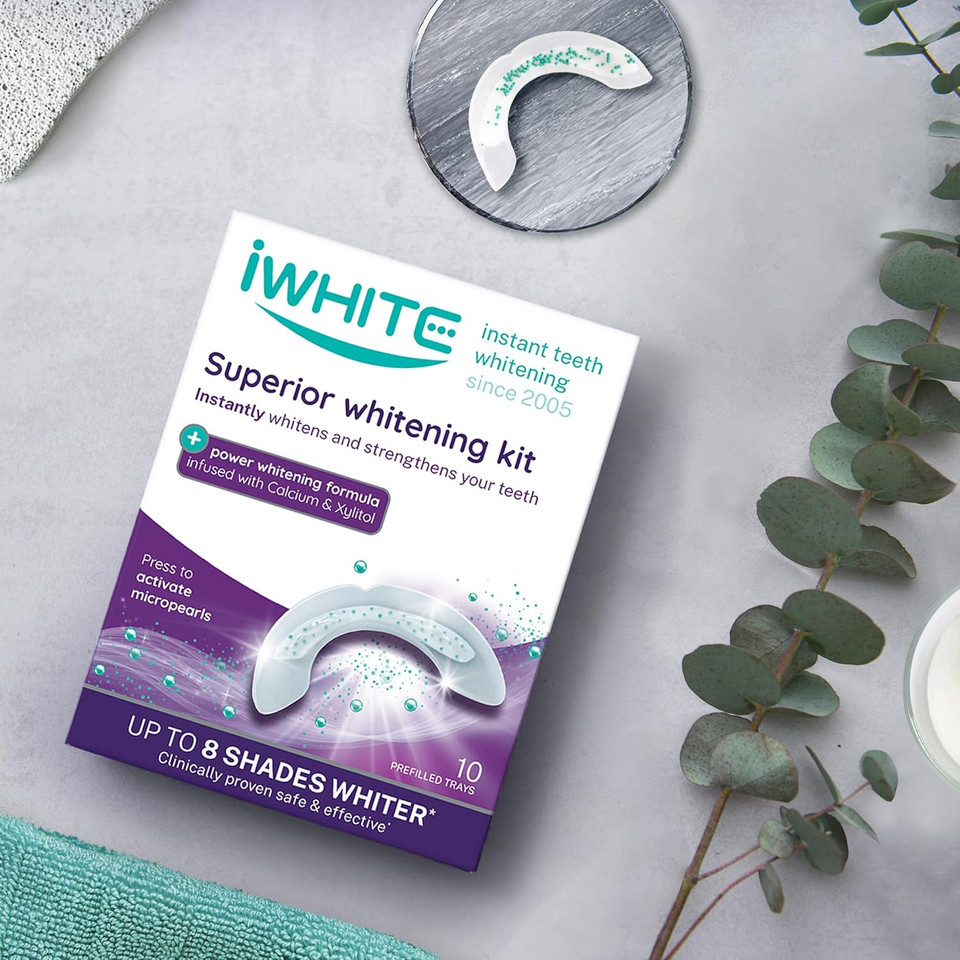 iWhite Superior Teeth Whitening Kit - 10 Trays - Professional Teeth Whitening Up to 8 Shades Lighter. Whitens and Restores Enamel - Clinically Approved - Microbeads, Calcium, and Xylitol