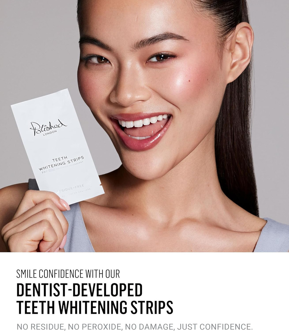 Polished London Teeth Whitening Strips - Whitening Strips for Sensitive Teeth - Enamel-Safe, No Residue, Peroxide Free Stain Remover- Premium Kit with Shade Guide, 14-Day Plan