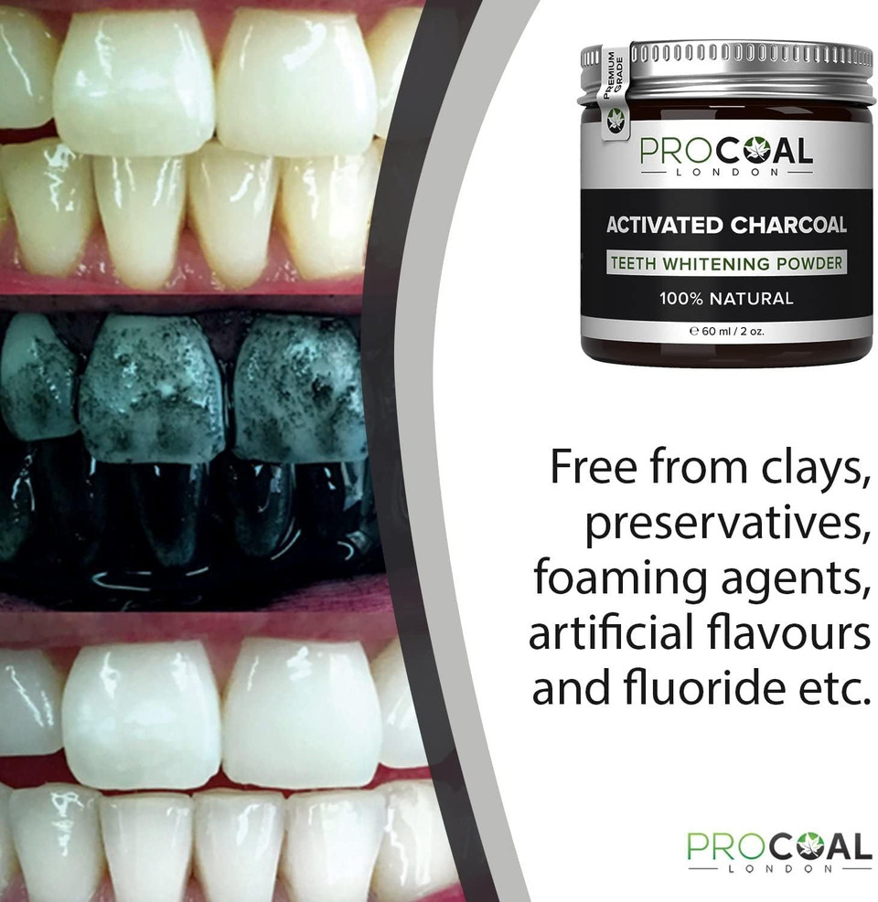 Activated Charcoal Teeth Whitening Powder by Procoal - 100% Natural Charcoal Teeth Whitening Toothpaste, Enamel-Safe, No Additives, No Fillers, No Artificial Flavour, Made in The UK