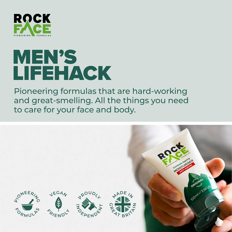 Rock Face Mens Moisturiser - Anti Ageing, Fast Absorbing Face Cream, 100ml, Combats Signs of Ageing, Fresh Citrus Scent