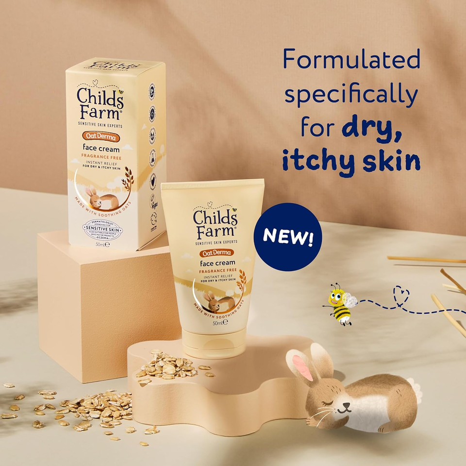 Childs Farm OatDerma Face Cream Moisturiser, Fragrance Free Hydration, Sensitive Skin Emollient, Soothe Baby Kids, 50ml