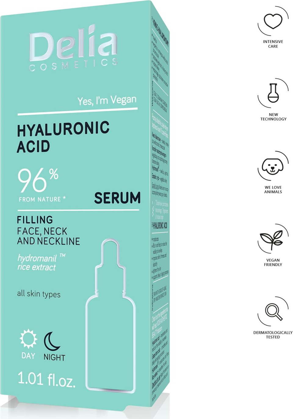 Delia Cosmetics - Filling Serum - Hyaluronic Acid - Mature Skin - Reduces Wrinkles. Improves Elasticity. Delay Aging Process - Moisturised, Firm Skin - Vegan - 30ml