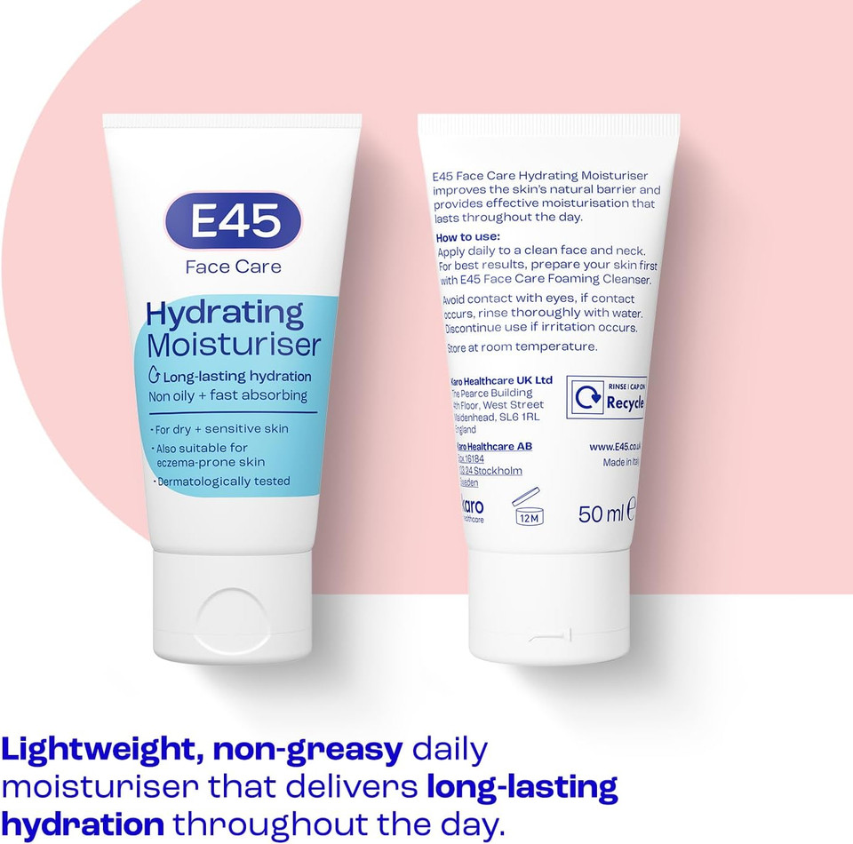 E45 Face Moisturiser  Hydrating Face Cream for Long-Lasting Moisturisation - Lightweight Cream for Dry and Sensitive Skin  Fast-Absorbing and Non-Greasy Formula - Dermatologically Tested - 50ml E45 Face Moisturiser  Hydrating Face Cream for Long-Lasting Moisturisation - Lightweight Cream for Dry and Sensitive Skin  Fast-Absorbing and Non-Greasy Formula - Dermatologically Tested - 50ml