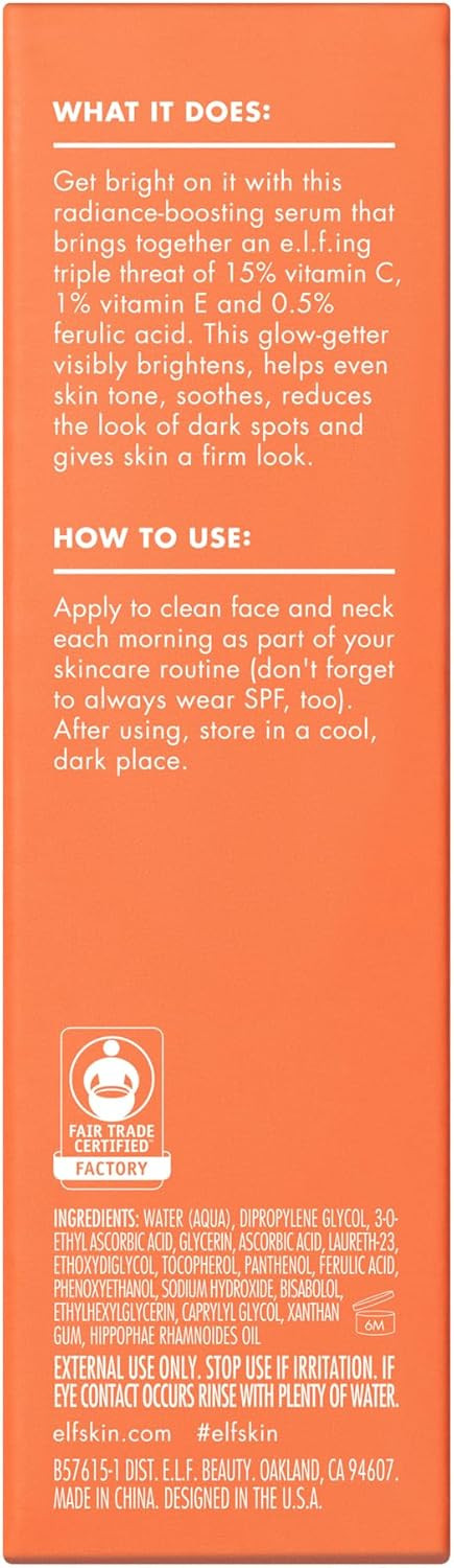 e.l.f. SKIN Bright Icon Vitamin C + E + Ferulic Serum Mini, Brightening & Soothing Face Serum, Helps Even Skin Tone, Vegan & Cruelty-Free, 15ml