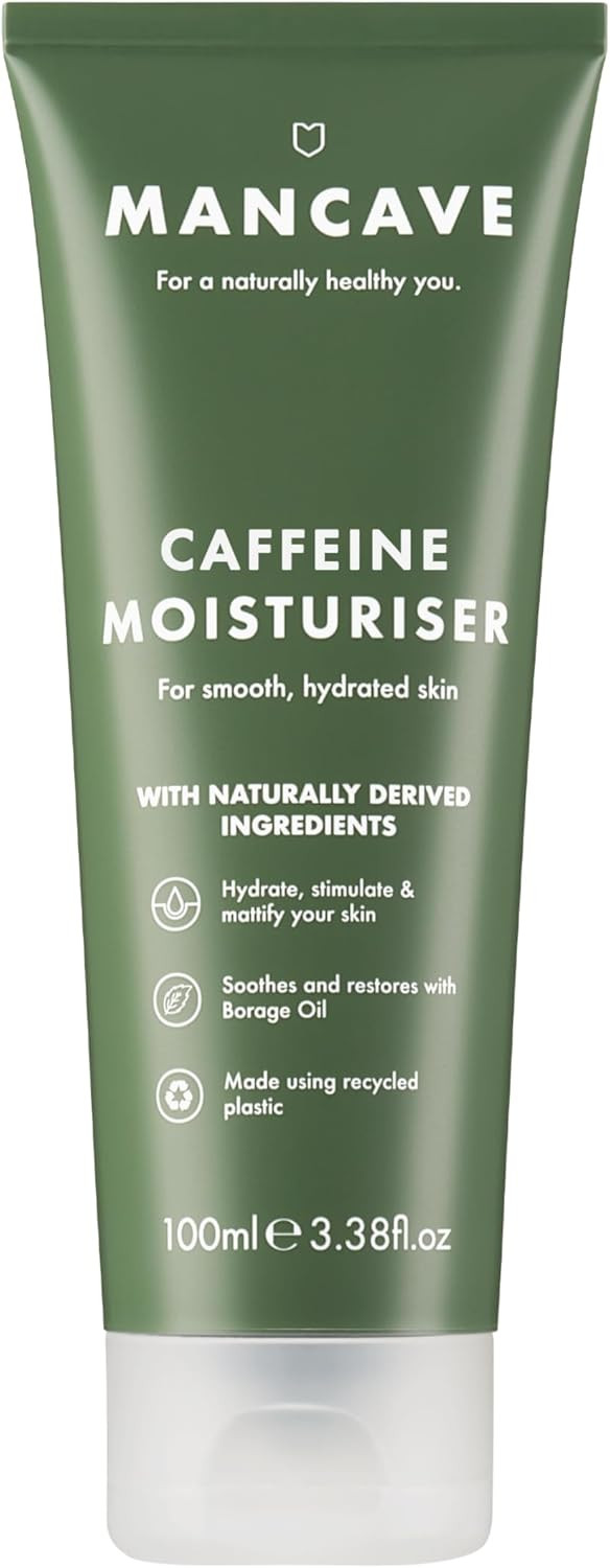 ManCave Natural Caffeine Moisturiser 100ml, Helps Reduce Signs of Fatigue, with UV Absorbers, Suitable for all Skin Types, Dermatologically Tested, Vegan, Made in England, Packaging May Vary