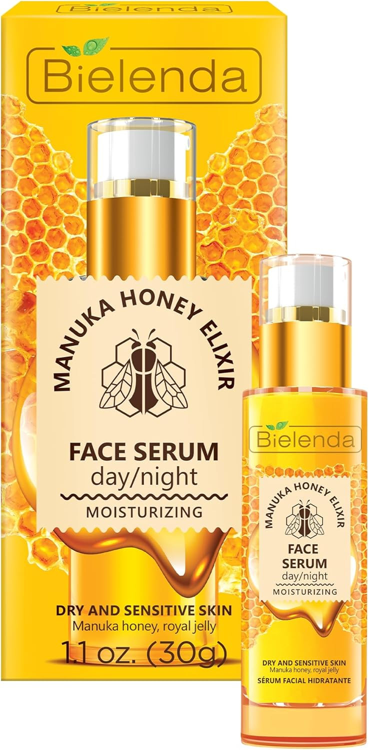 Bielenda Manuka Honey Nourishing and Hydrating Face Serum, Enriched with Manuka Honey, Vitamin C and B, for Dry and Sensitive Skin, Day/Night, 30 ml