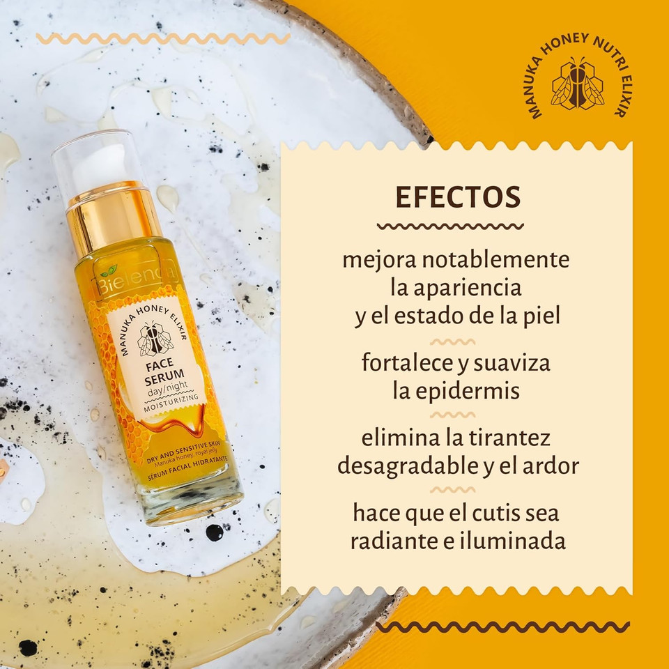 Bielenda Manuka Honey Nourishing and Hydrating Face Serum, Enriched with Manuka Honey, Vitamin C and B, for Dry and Sensitive Skin, Day/Night, 30 ml