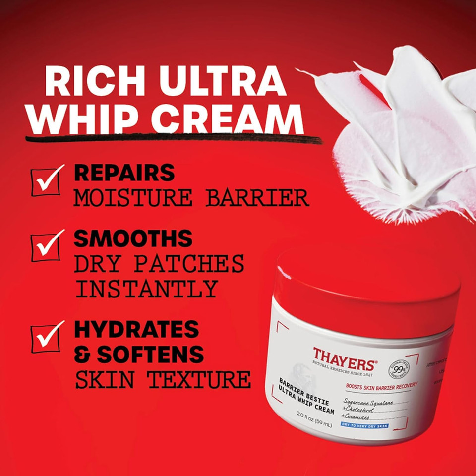 Thayers Barrier Bestie Ultra Whip Face Cream - Moisturizer with Sugarcane Squalane and Ceramides - Skin Care for Dry to Very Dry Skin - 59 ml