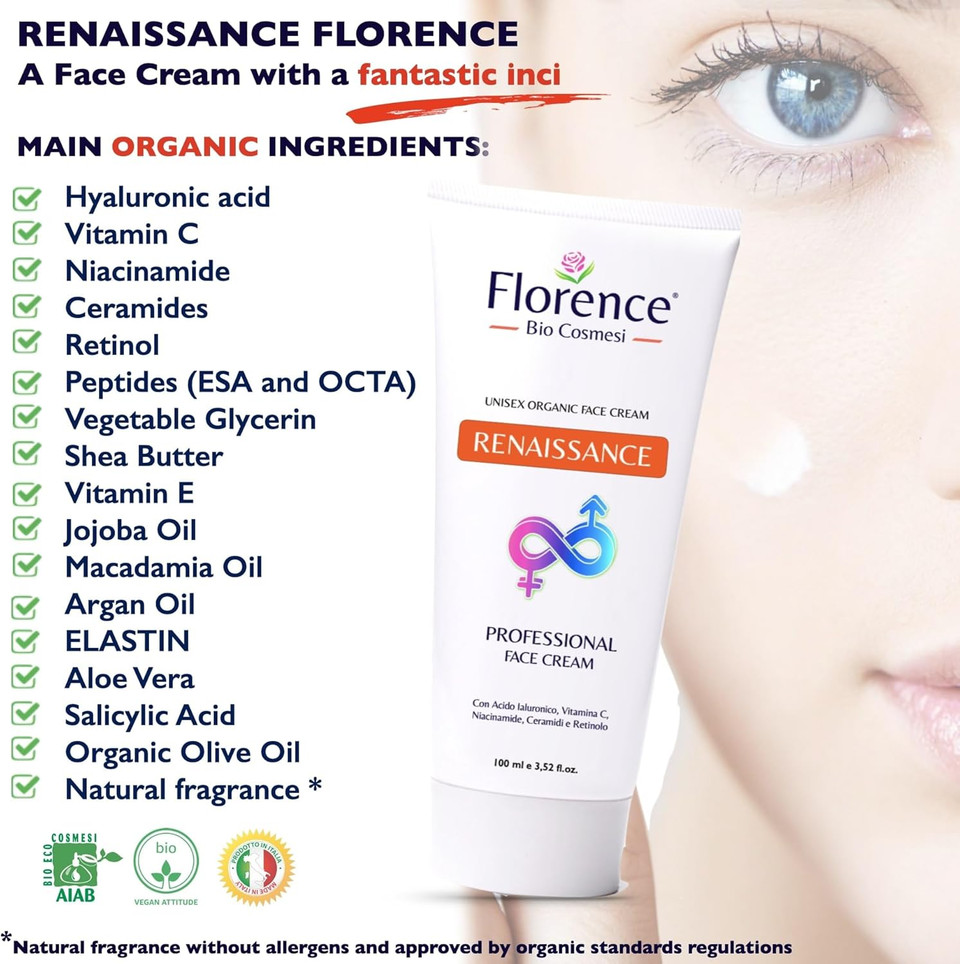 Organic Face Cream, Anti-Wrinkle, Anti Age, Facial Moisturiser with Hyaluronic Acid, Vitamin C, Niacinamide, Ceramides & Vitamin C for a Long Lasting & Intense Hydration. For men and women, 100 ml