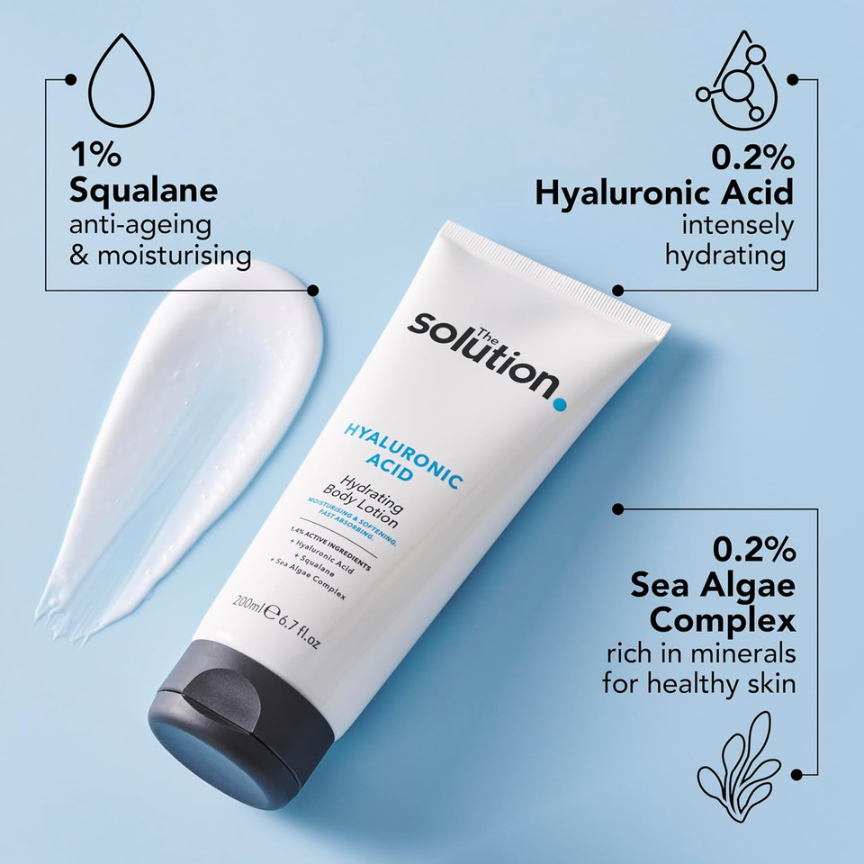 The Solution Hyaluronic Acid Hydrating Body Lotion (200ml). Hyaluronic Acid Moisturiser with Sea Algae Complex, Night Moisturiser, Day Cream for Body, Vegan & Cruelty Free Womens Moisturiser
