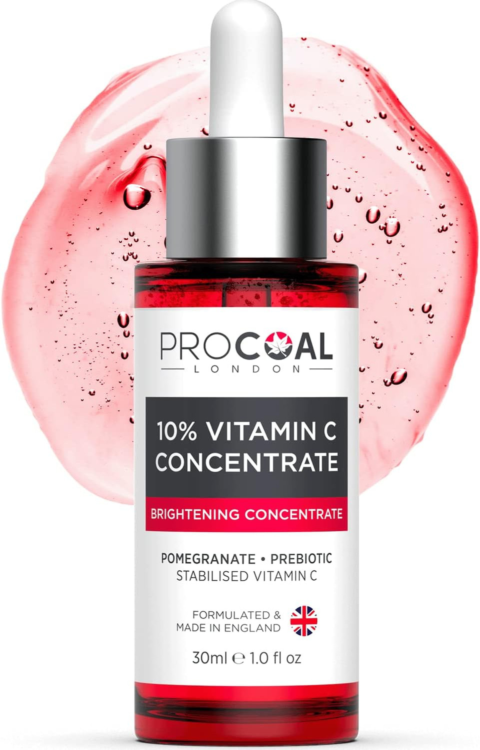 NEW Procoal 10% Vitamin C Serum Concentrate, NEW, Vegan, for Face with Prebiotics, Pomegranate & Kakadu Plum, 100% Recyclable Packaging, Made in UK, 30ml