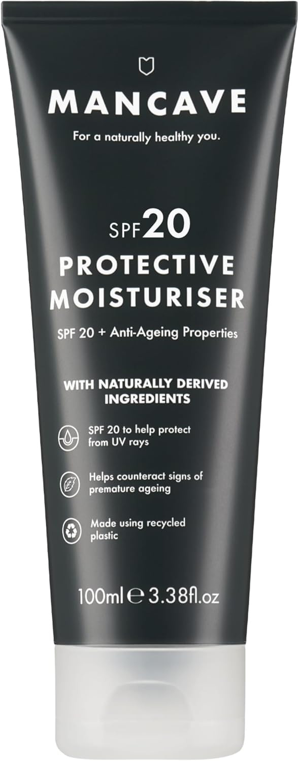 ManCave SPF 20 Moisturiser, Anti-Aging, Counteracts Signs of Aging, SPF Face Moisturise, Vitamin E, Caffeine, Natural Formulation, Recycled Plastics, Cruelty-Free, Powerful SPF 20 Protection