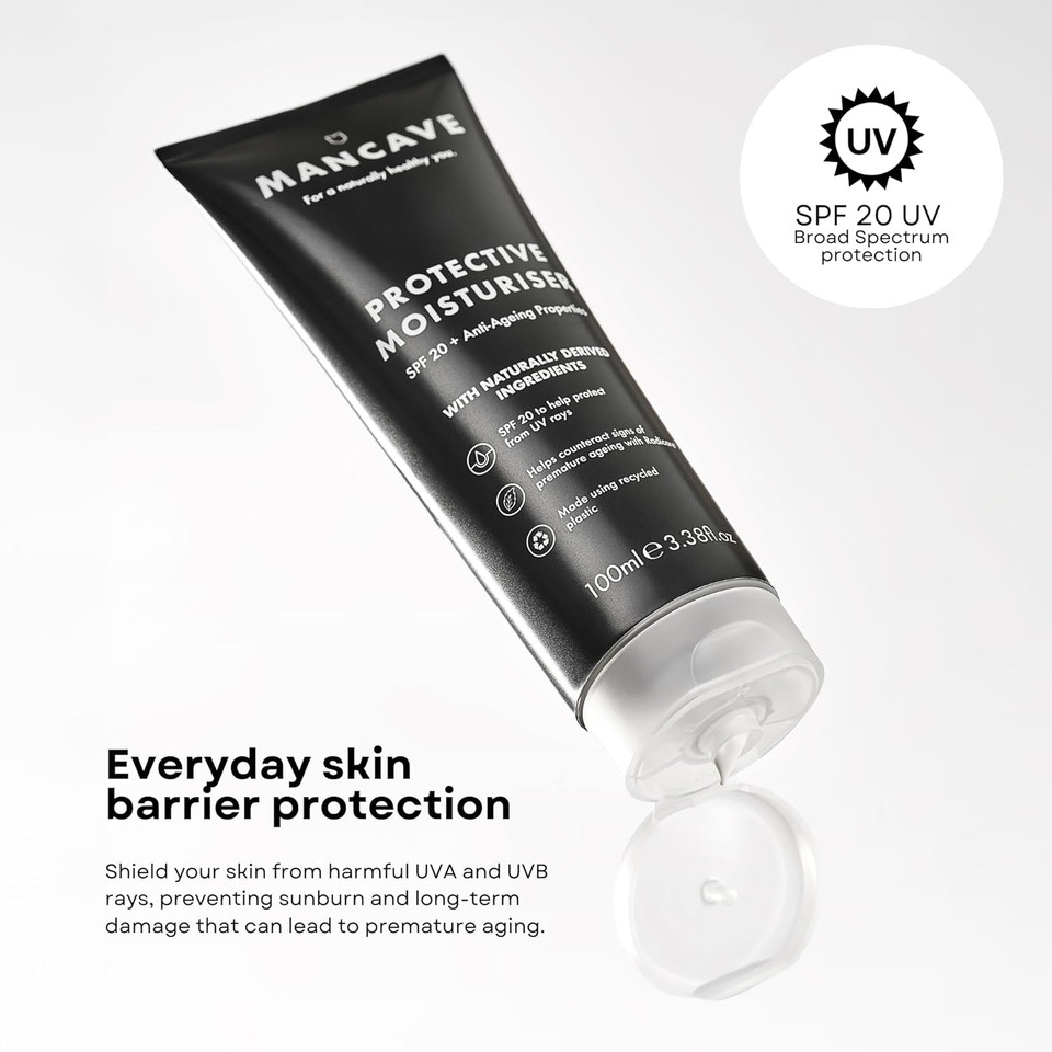 ManCave SPF 20 Moisturiser, Anti-Aging, Counteracts Signs of Aging, SPF Face Moisturise, Vitamin E, Caffeine, Natural Formulation, Recycled Plastics, Cruelty-Free, Powerful SPF 20 Protection