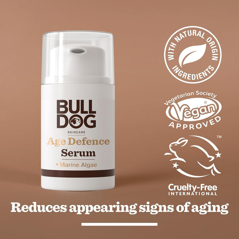 Bulldog Skincare Age Defence Face Serum for Men, Face Moisturiser for Mature Skin, Reduces Signs of Ageing, Enriched With Brown Algae, 50ml