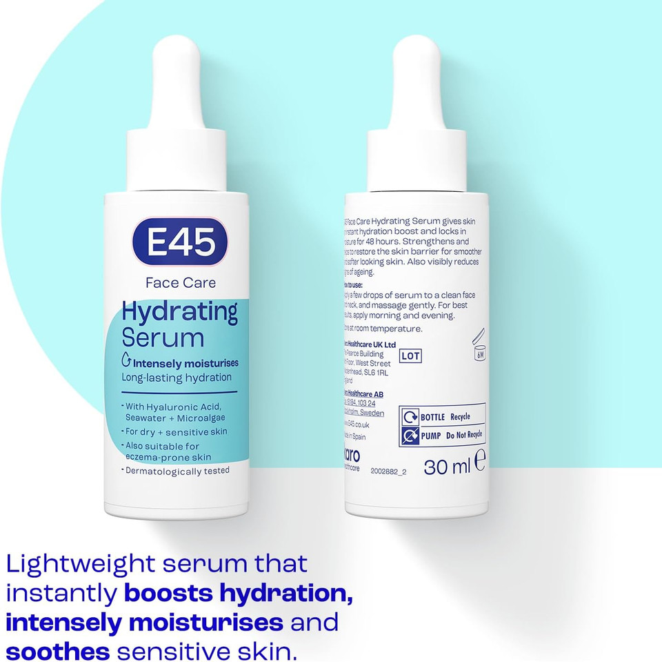 E45 Face Hydrating Serum - Instant 48-Hour Hyaluronic Acid Formula for Dry, Sensitive & Eczema Prone Skin - Rehydrating & Reinvigorating Serum  Perfume Free - Dermatologically Tested - 30ml
