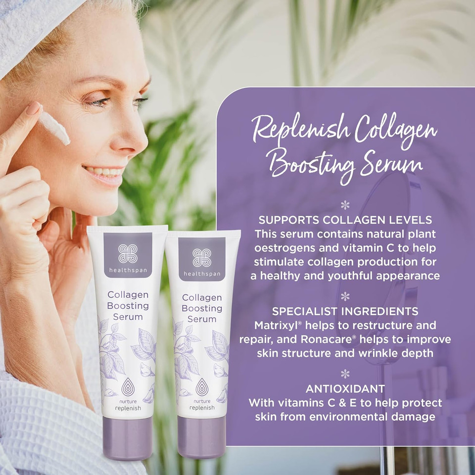 Healthspan Replenish Collagen Boosting Serum | Vitamins C & E | Plant Oestrogens | Reduces Fine Lines & Wrinkles | Menopause Support (30ml)