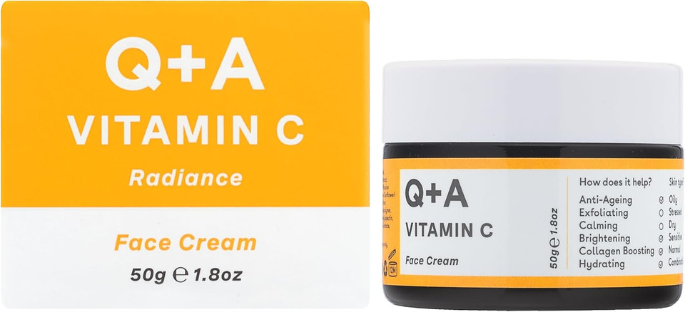 Q+A Vitamin C Radiance Cream - Hydrating, Anti-Ageing Face Cream with Collagen Boosting Vitamin C, Elasticity Enhancing Centella Asiatica & Antioxidant-Rich Tropical Fruit for Glowing Skin, 50g