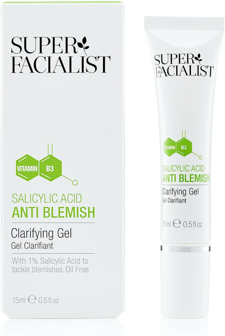 Super Facialist Anti Blemish Clarifying Gel With Salicylic Acid - Oil-Free Serum with Prebiotics & Niacinamide for Acne Treatment & Blackhead Remover, Vegan Friendly - 15ml