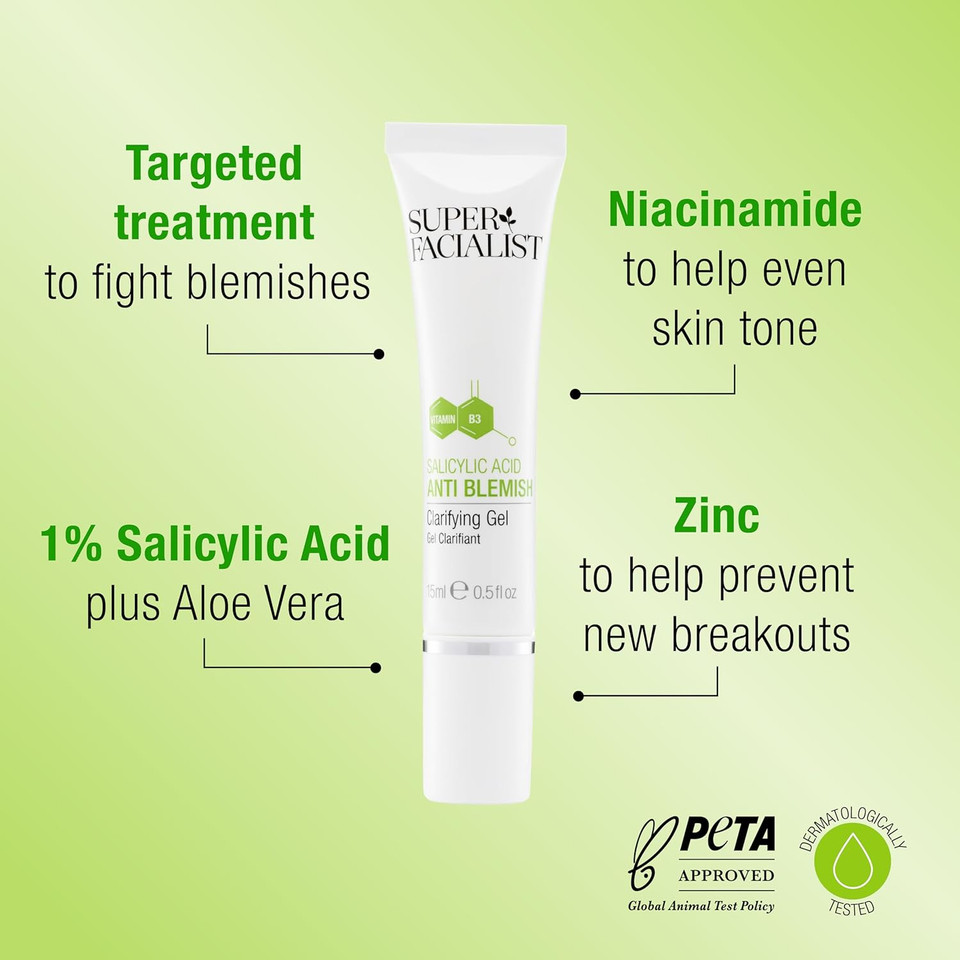 Super Facialist Anti Blemish Clarifying Gel With Salicylic Acid - Oil-Free Serum with Prebiotics & Niacinamide for Acne Treatment & Blackhead Remover, Vegan Friendly - 15ml