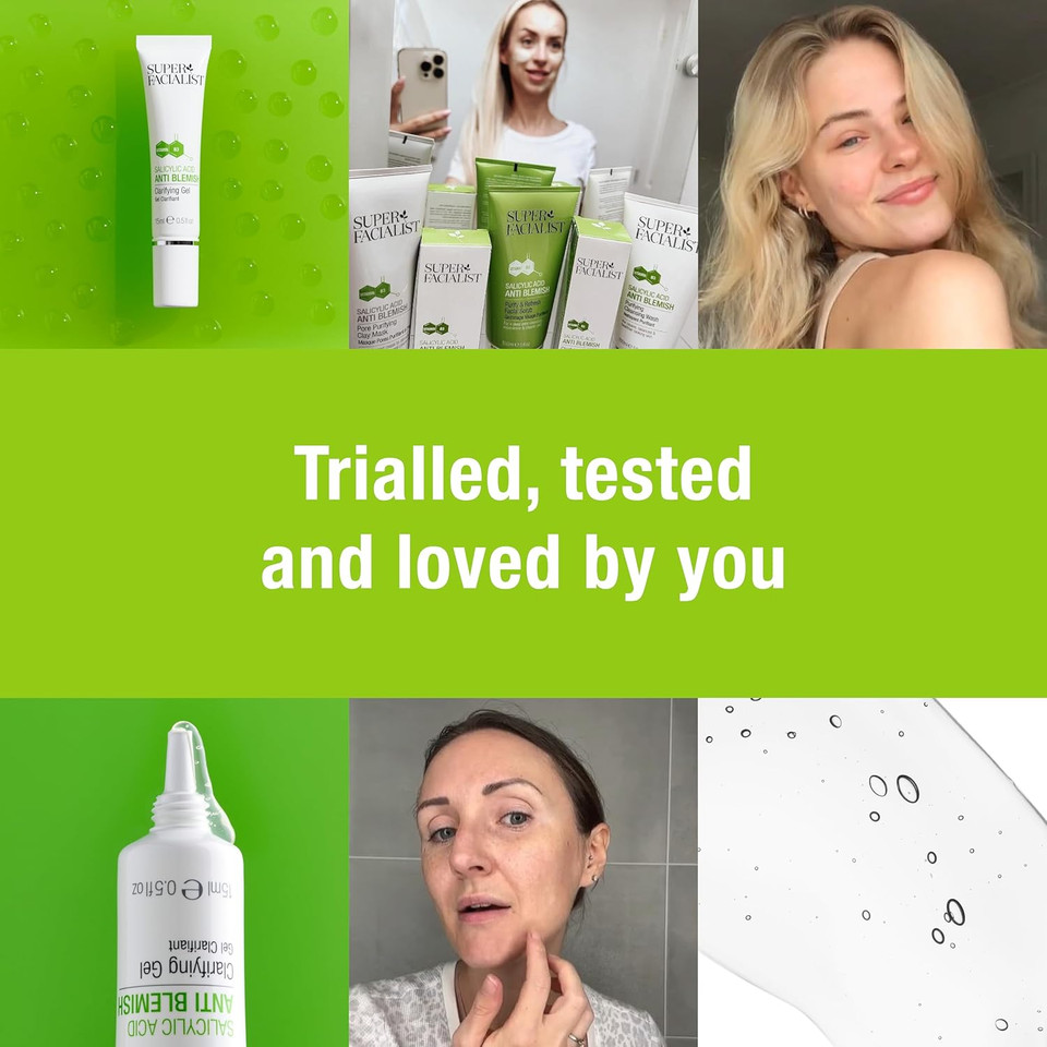 Super Facialist Anti Blemish Clarifying Gel With Salicylic Acid - Oil-Free Serum with Prebiotics & Niacinamide for Acne Treatment & Blackhead Remover, Vegan Friendly - 15ml