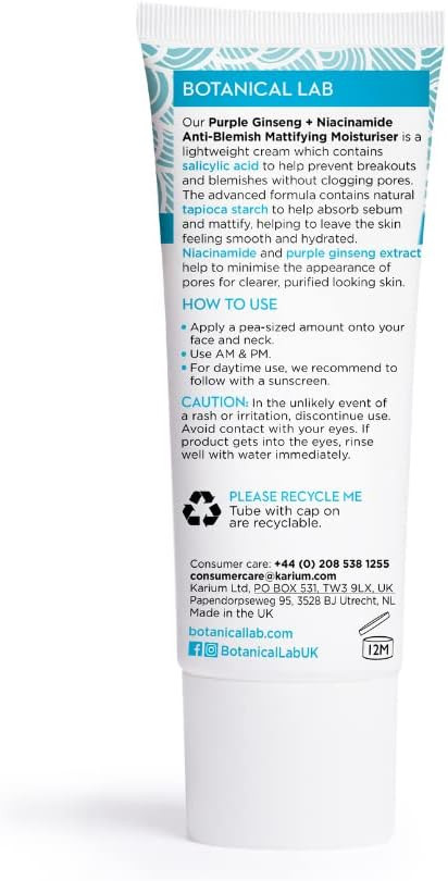 Botanical Lab Purple Ginseng + Niacinamide Anti-Blemish Mattifying Moisturiser 40ml | Minimises the appearance of pores & reduces shine to leave skin looking mattified