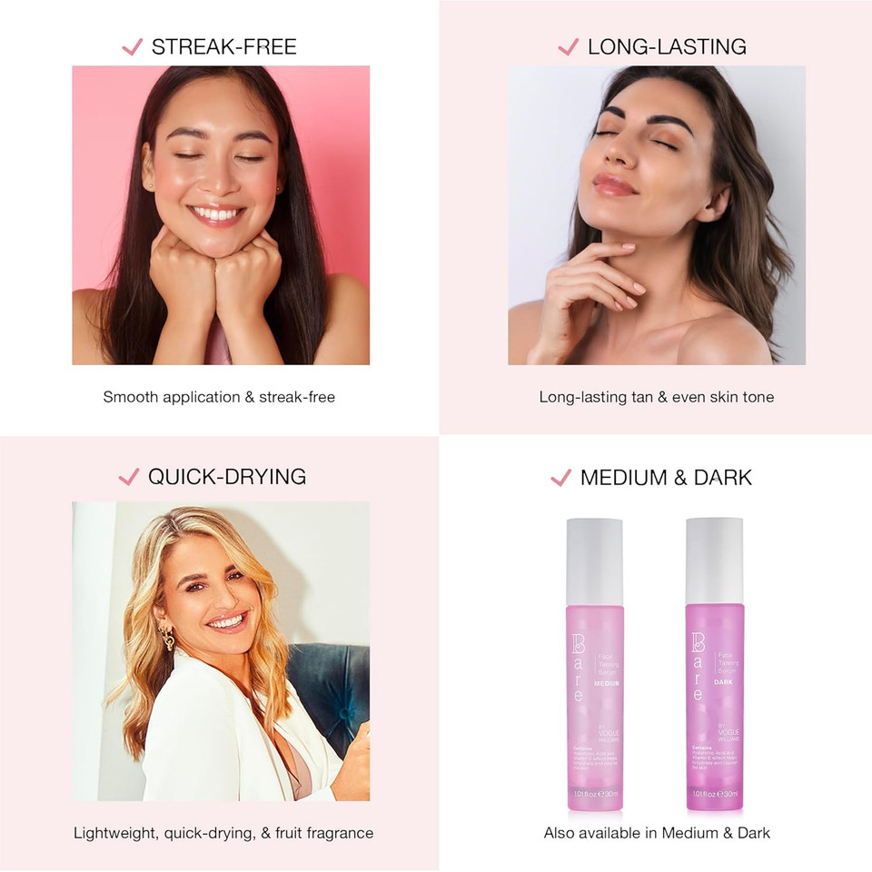 Bare by Vogue Light Face Tanning Serum - Achieve a Natural and Sun-Kissed Glow - Radiant Glow Hydrating Formula - Even and Streak-Free Application - Suitable for All Skin Types